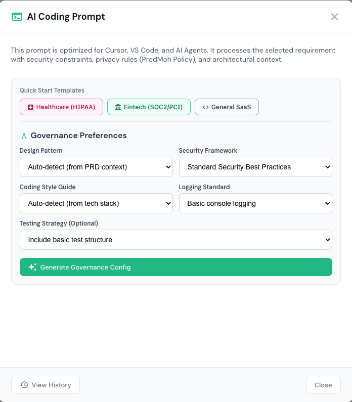 Generate governance config with presets and standards selection